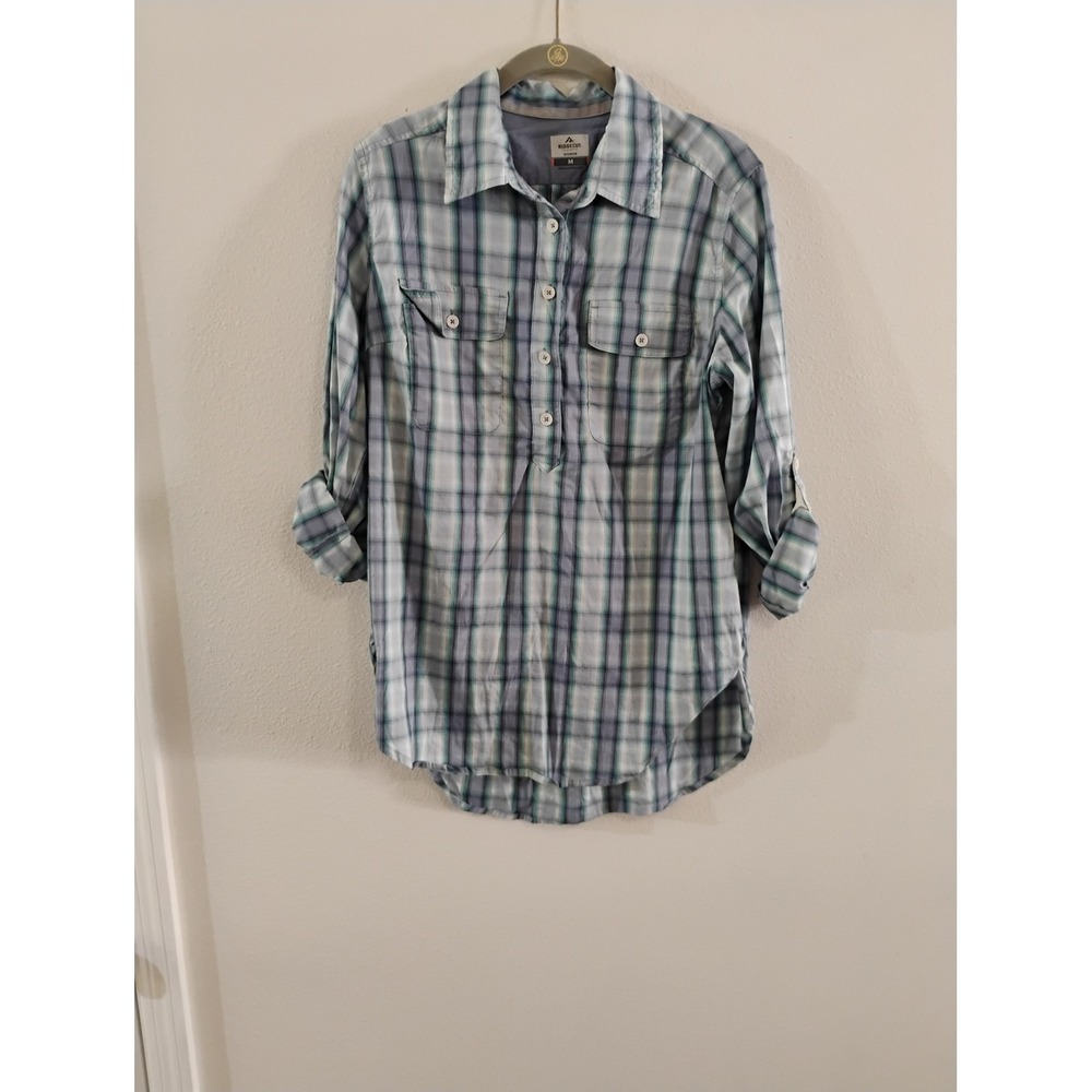 Ridgecut Toughwear Womens Plaid Roll Tab Sleeve Button Up Shirt Blue Green M